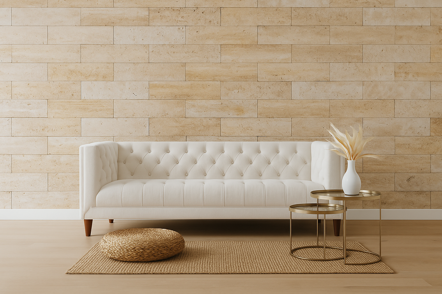 Modern living room with a travertine stone feature wall.