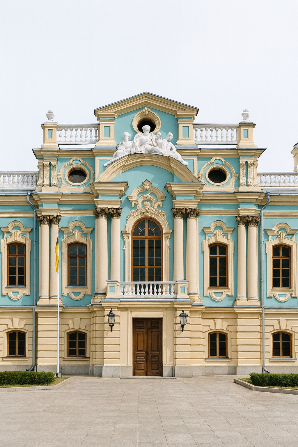 Mariinskyi Palace in Kyiv, Ukraine, with turquoise Baroque facade and ornate detailing.