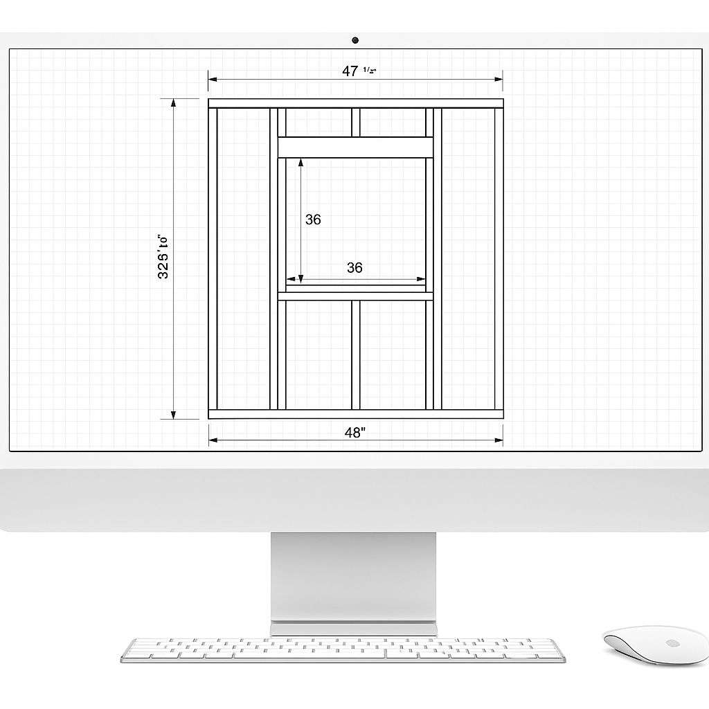 Technical diagram illustrating CAD layout for a new window opening, showing accurate placement of king studs, jack studs, header, cripple studs, top and sole plates in residential wall framing.