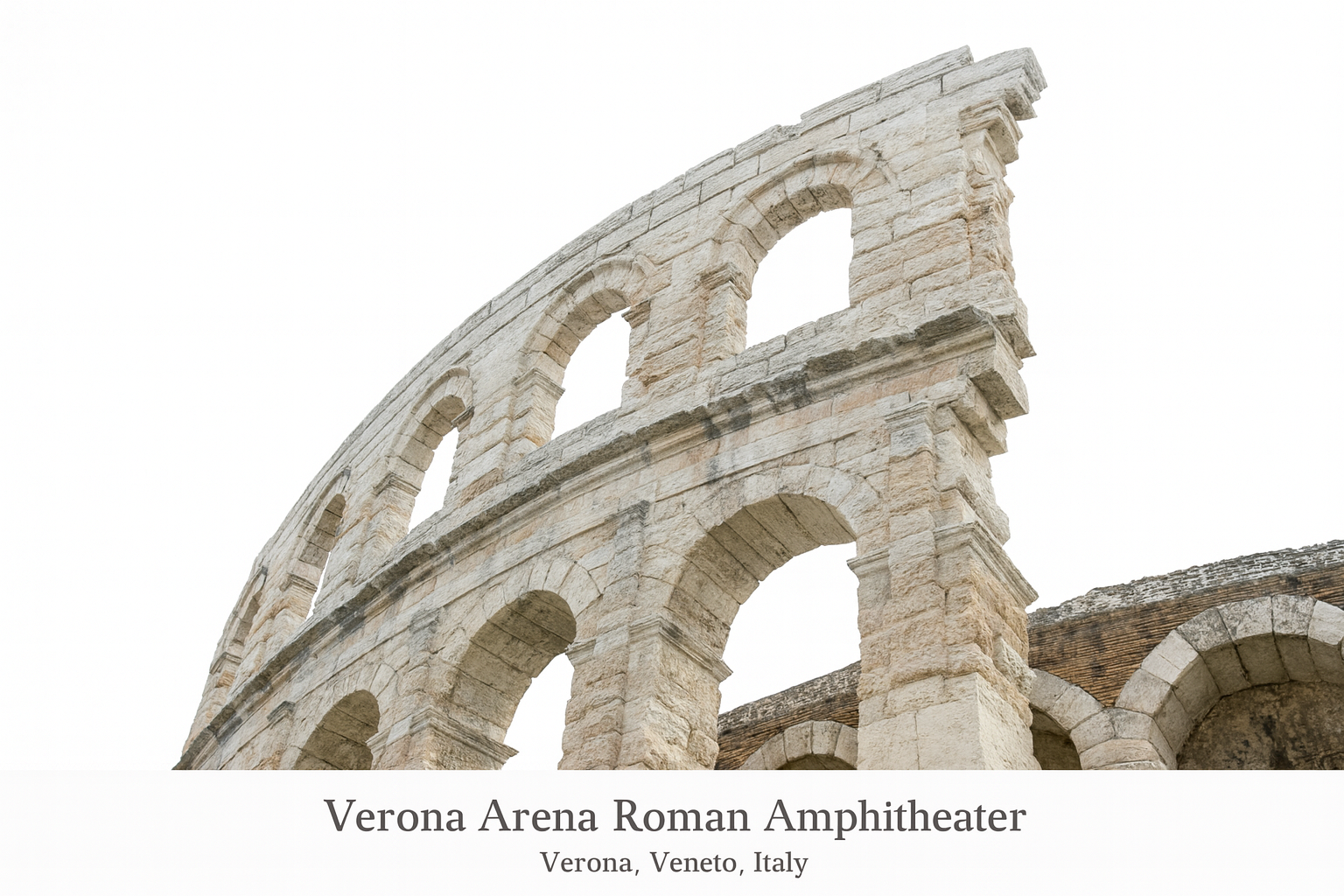 The Verona Arena Roman Amphitheater in Verona, Veneto, Italy, a preserved Roman structure known for its limestone arches and monumental design, captured from a new perspective.