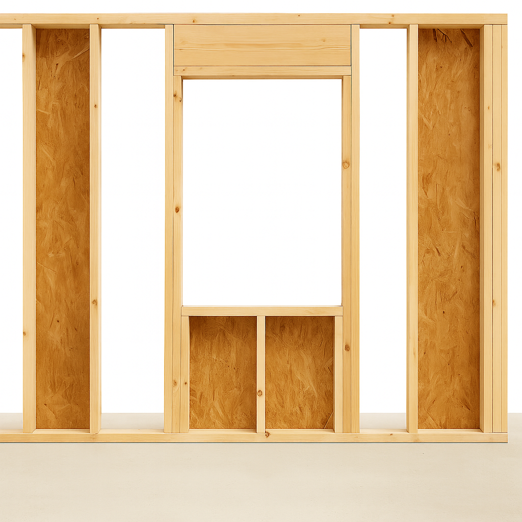 Wall framing showing wooden studs, header, king stud, jack stud, sill, and rough sill in a window opening.