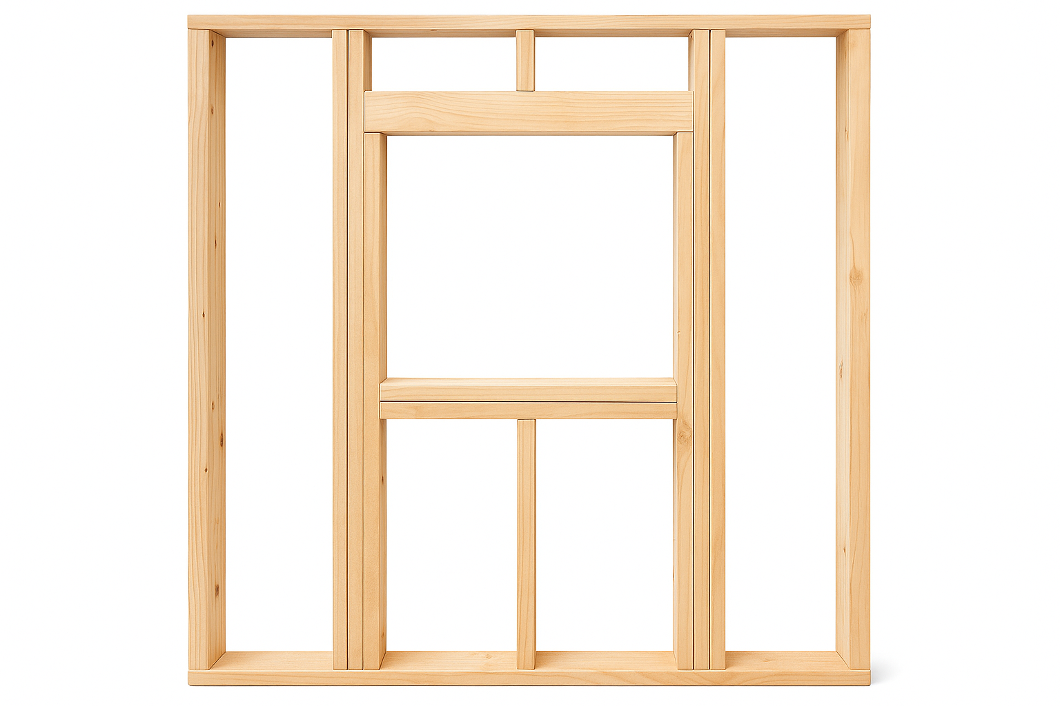 Wooden wall framing for window opening on white background with king, jack, and cripple studs.