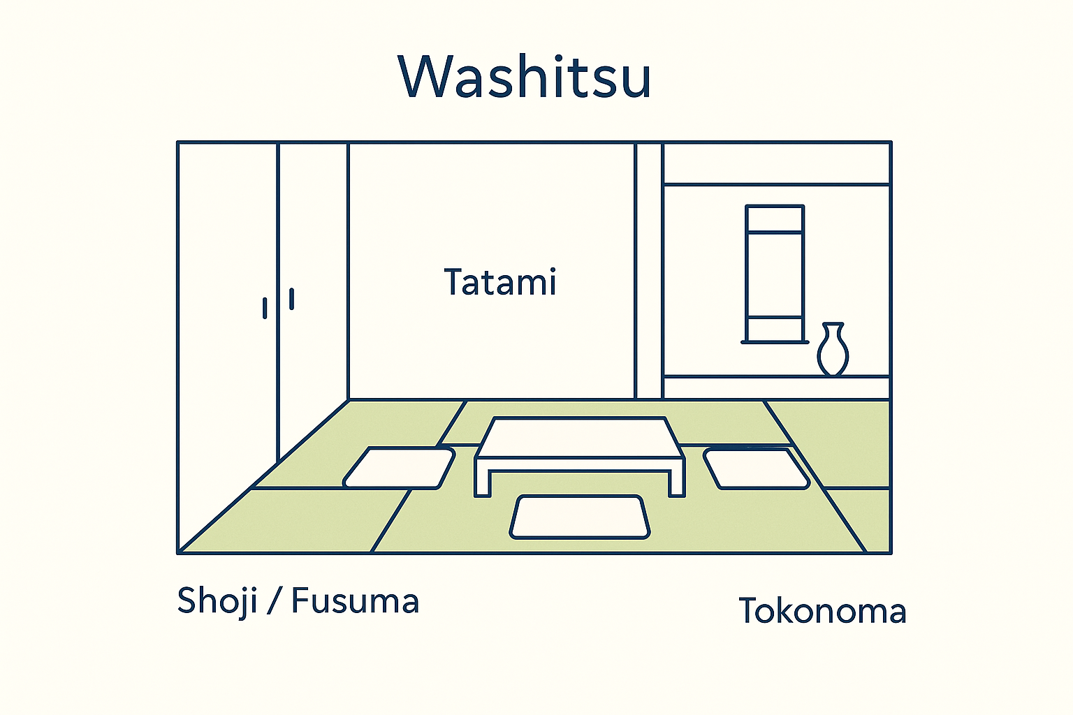 Washitsu diagram with tatami, shoji or fusuma, and tokonoma.