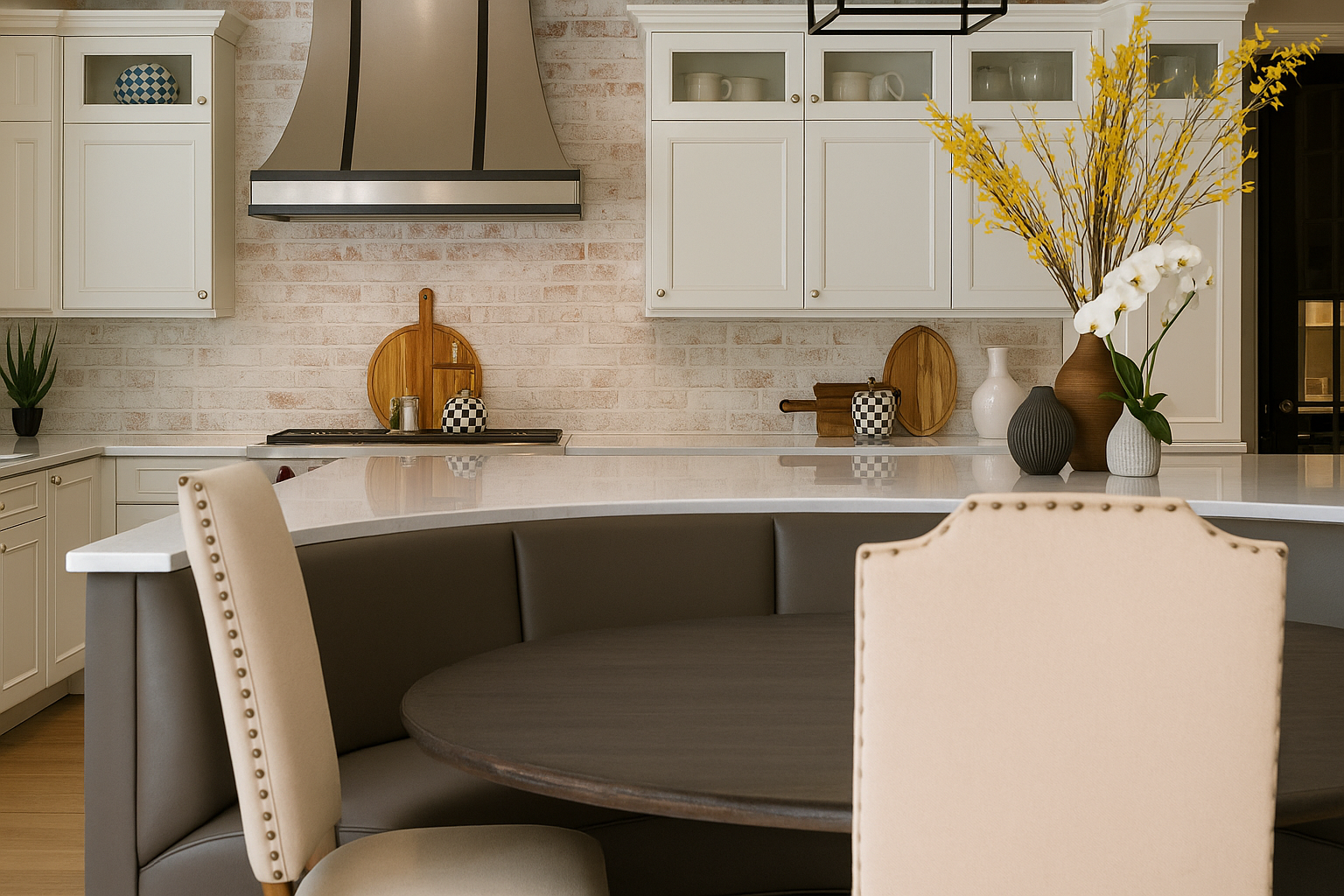 Modern kitchen with white cabinets and antique white brick backsplash.