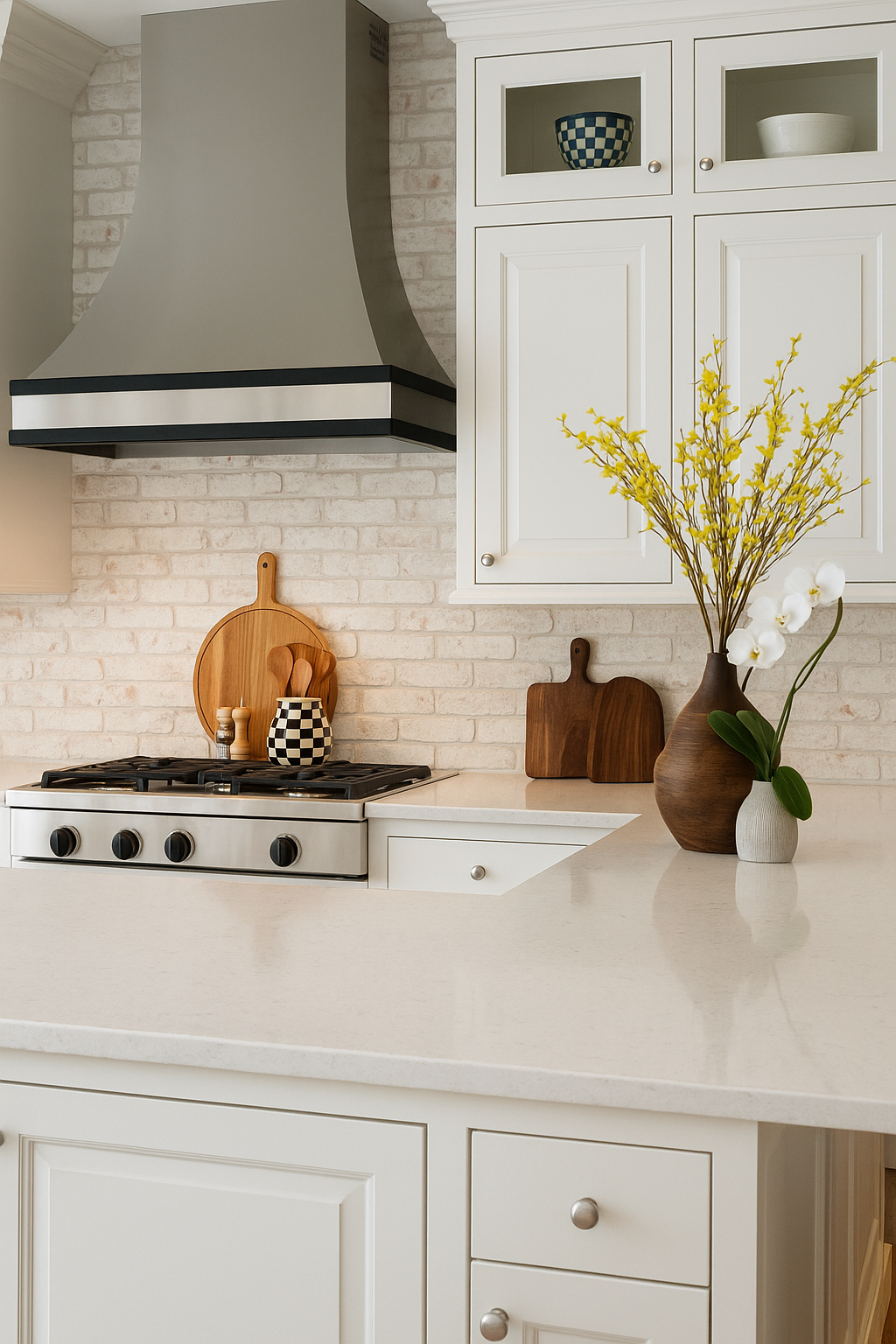 Bright Southern-style kitchen with antique white brick backsplash and sunlight.