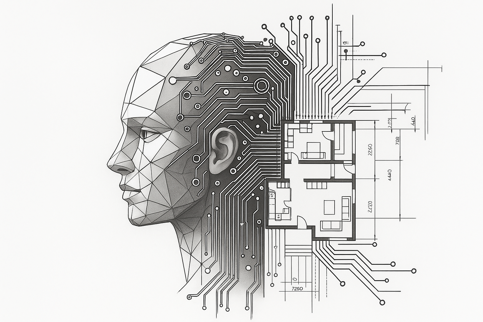 Human head made of circuits beside a modern architectural blueprint.