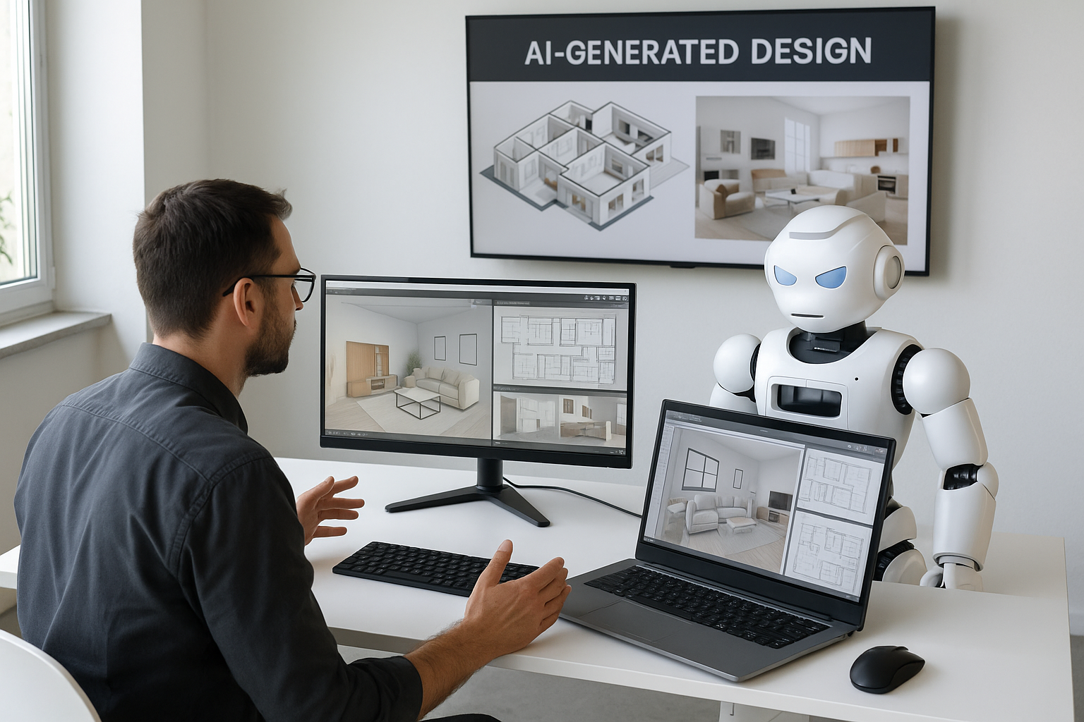 Architect and humanoid robot working together on 3D interior design models in a modern office.