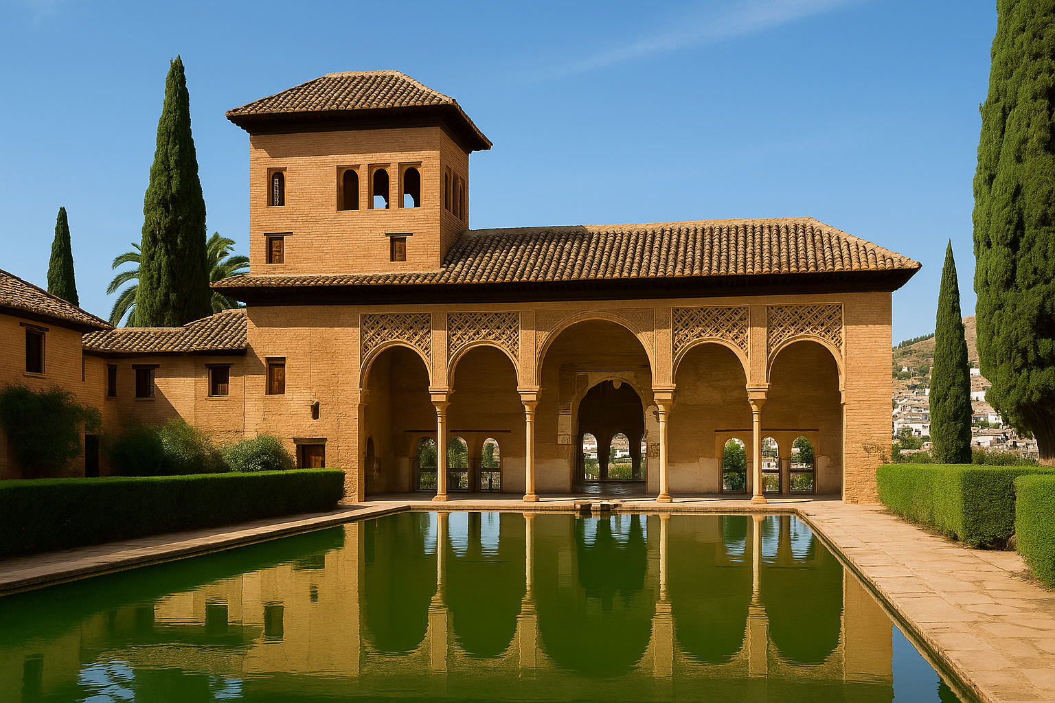 Andalusian arch reflected in a courtyard pond at the Alhambra Palace.