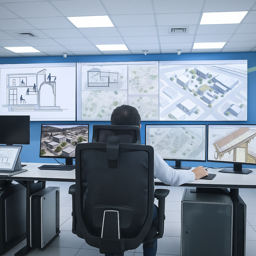 Architect in modern studio with CAD and BIM drawings on screens.