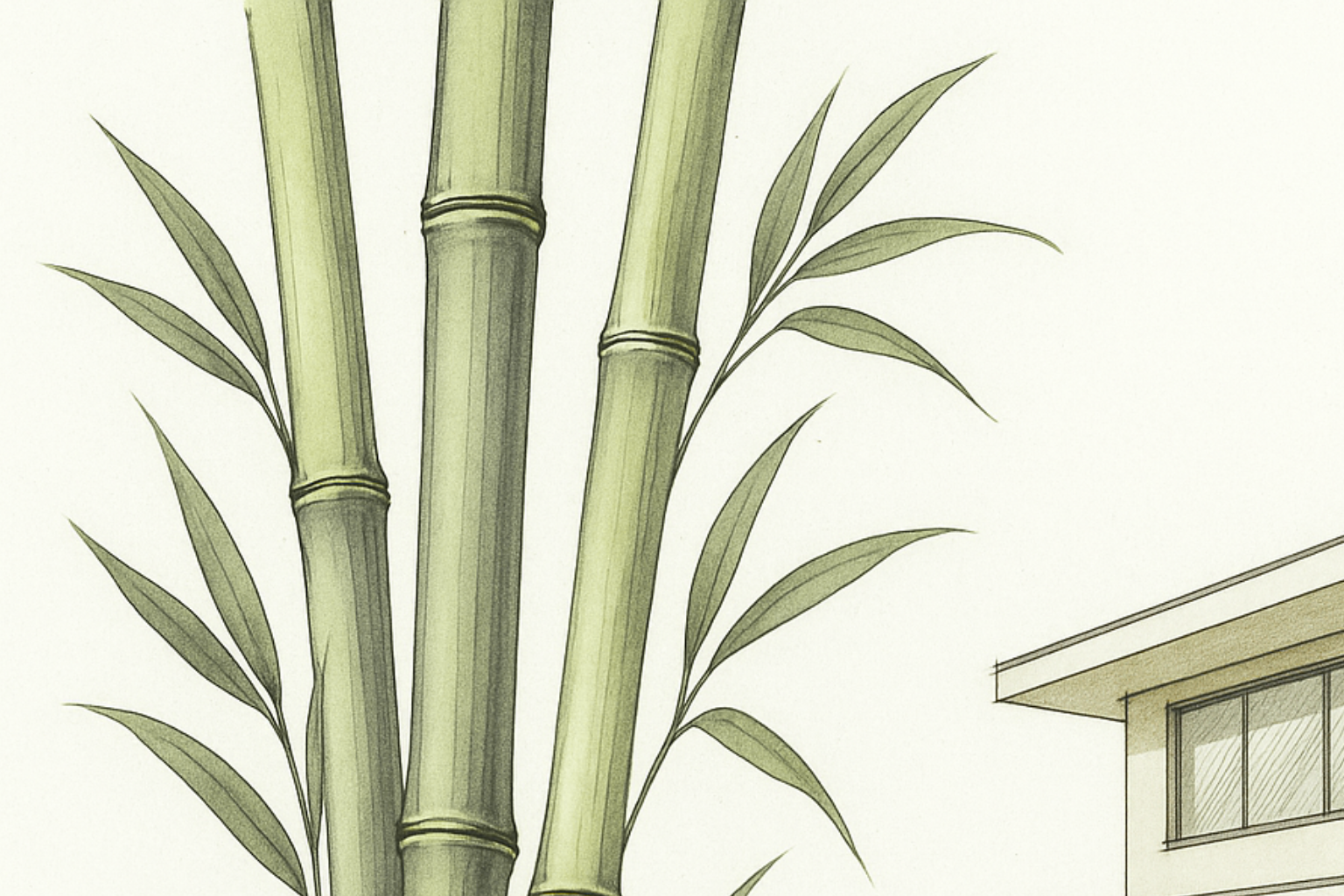 Bamboo beside a modern house with flat roof and large windows.