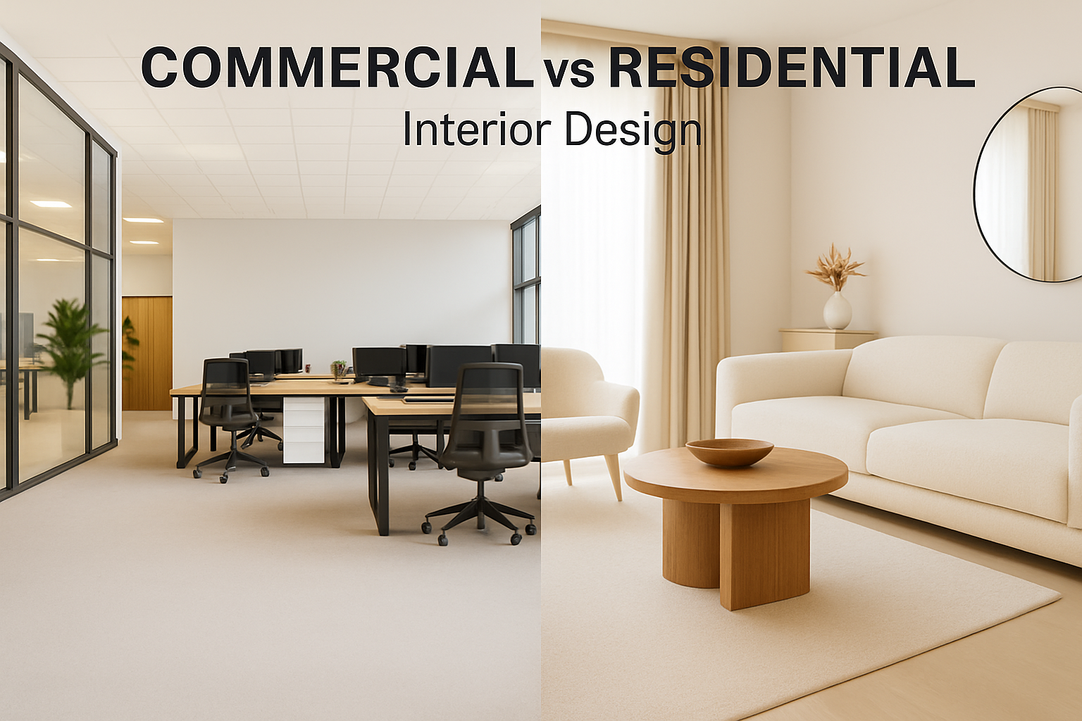 Comparison of commercial and residential interior design styles and layouts.
