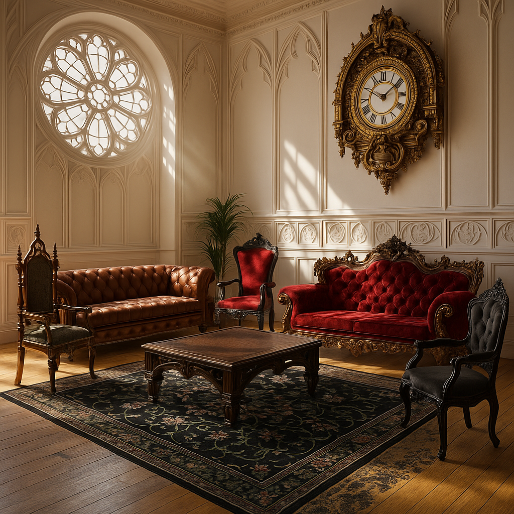 Gothic Revival living room with carved paneling, arched window, ornate furniture, and a large classical-style wall clock.