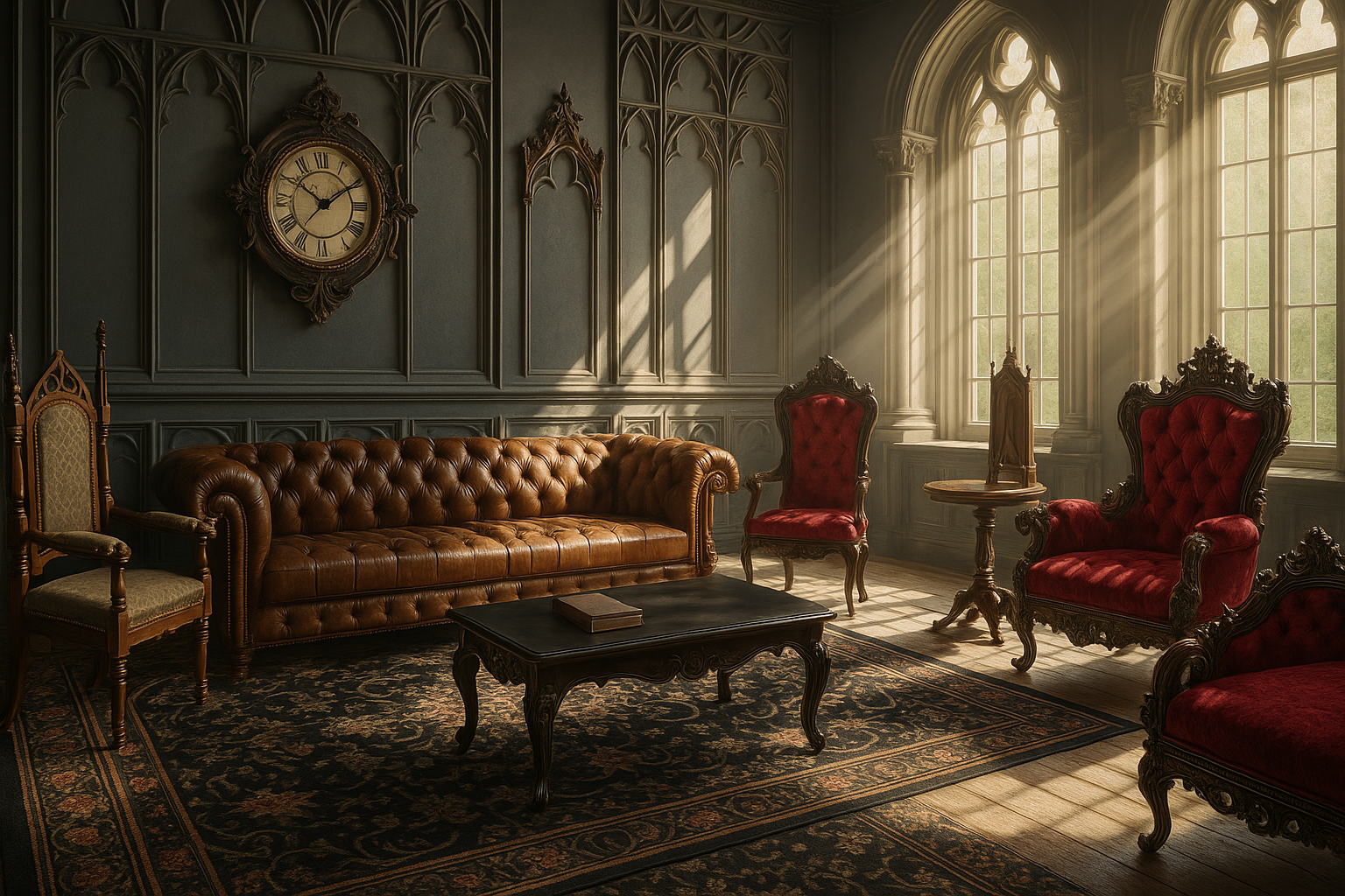Gothic Revival living room featuring ornate carved wooden furniture, rich detailing, and period-inspired decor.