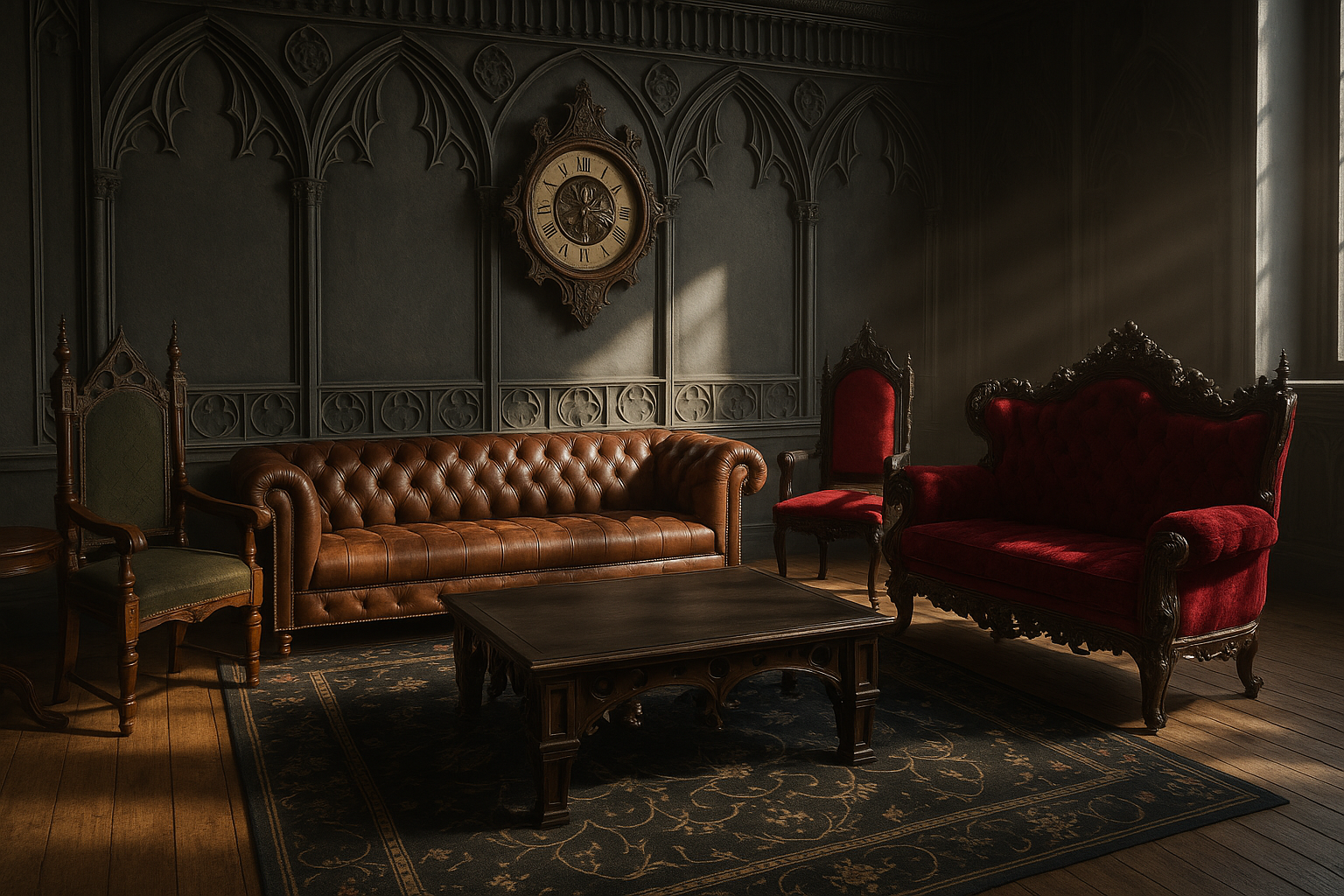 Gothic Revival living room with dark wood furniture, intricate carvings, and rich architectural detailing.