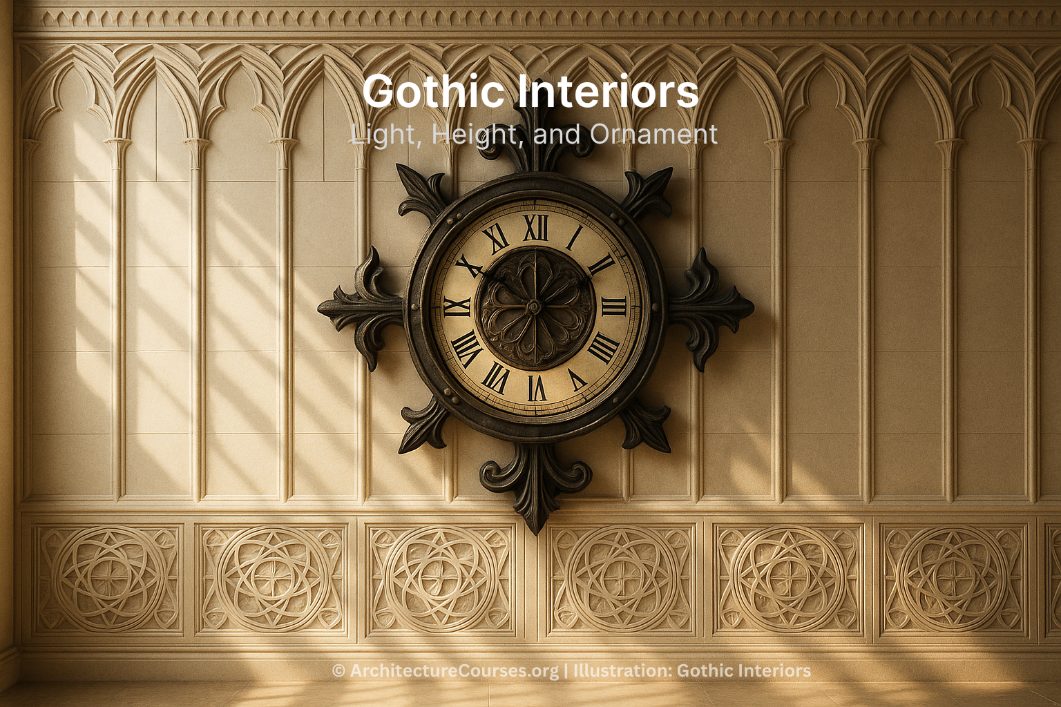 Gothic-style wall-mounted clock with carved tracery set against decorative stone paneling.