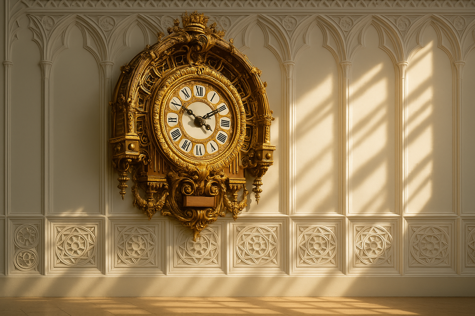 Large gilded Baroque-style wall clock mounted on a Gothic wall with carved tracery panels and arched detailing.