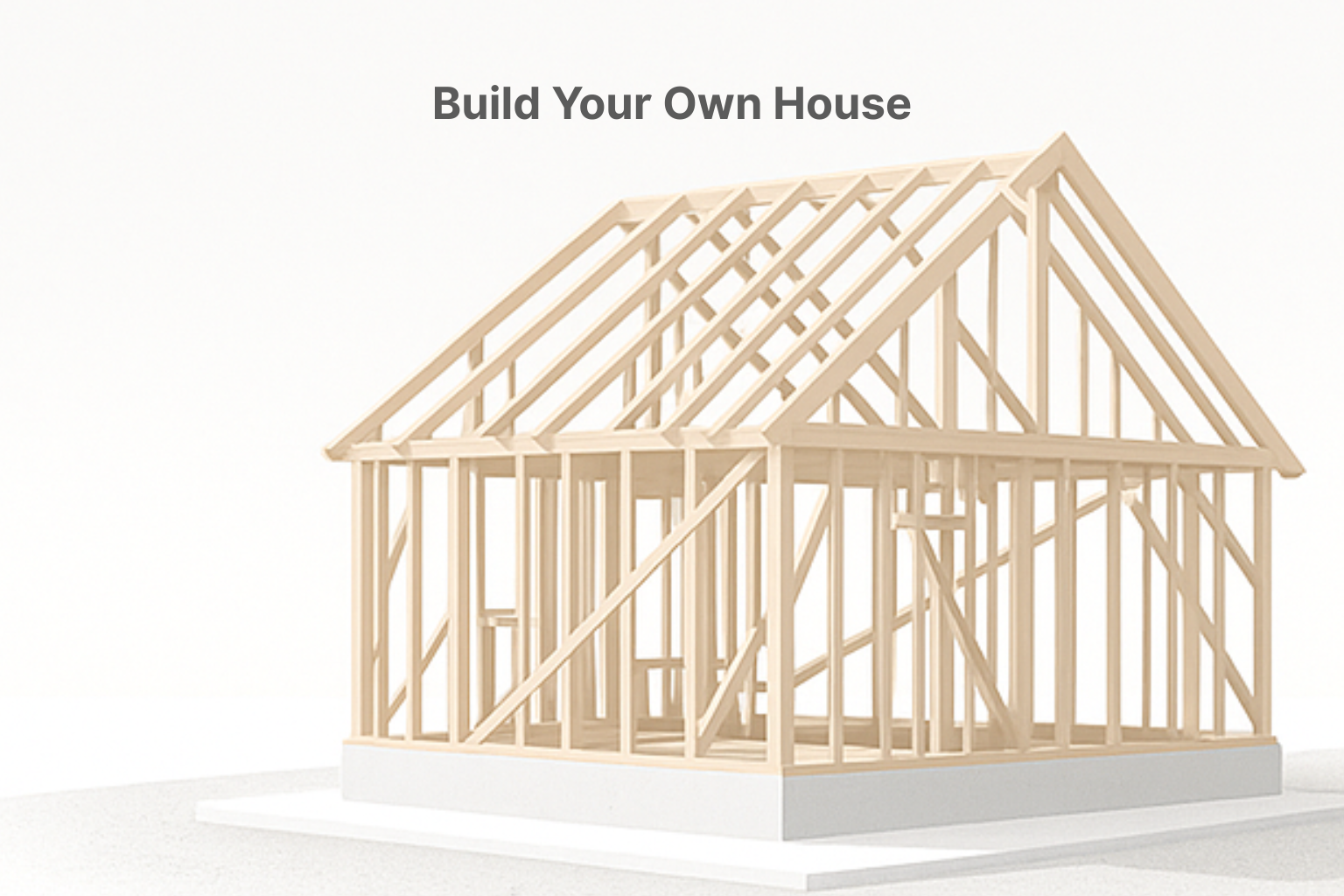 Showing foundation, wood framing, and finishing stages of house construction.