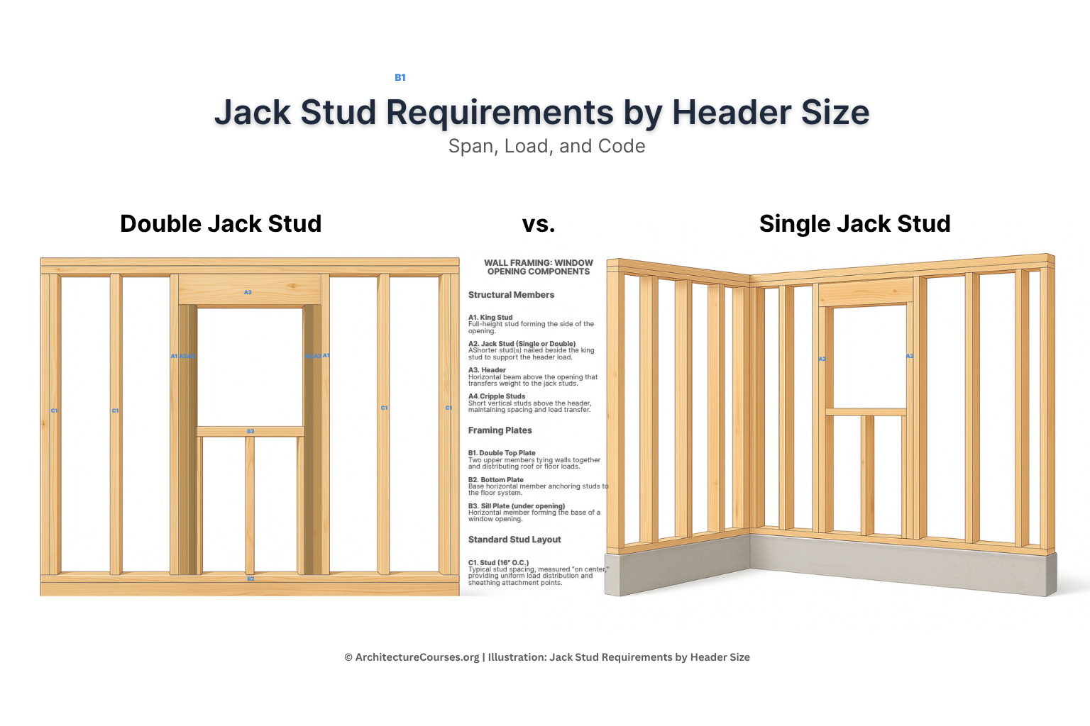 Infographic showing jack stud requirements by header size with labeled spans and load examples.