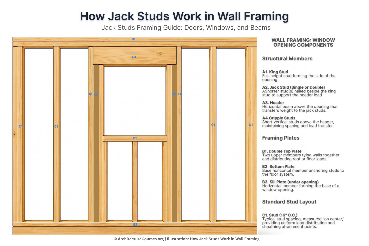 Diagram showing jack studs supporting a window header in wood wall framing.