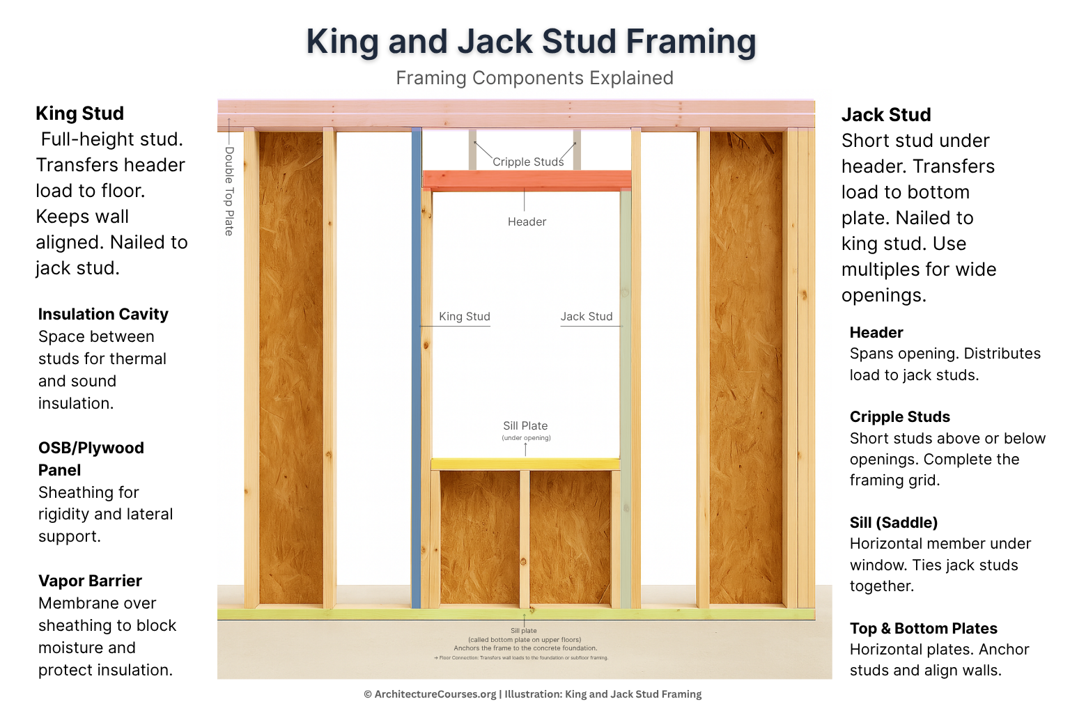 Detailed infographic showing king and jack studs in wall framing with a window header, sill, and full load path labeled.