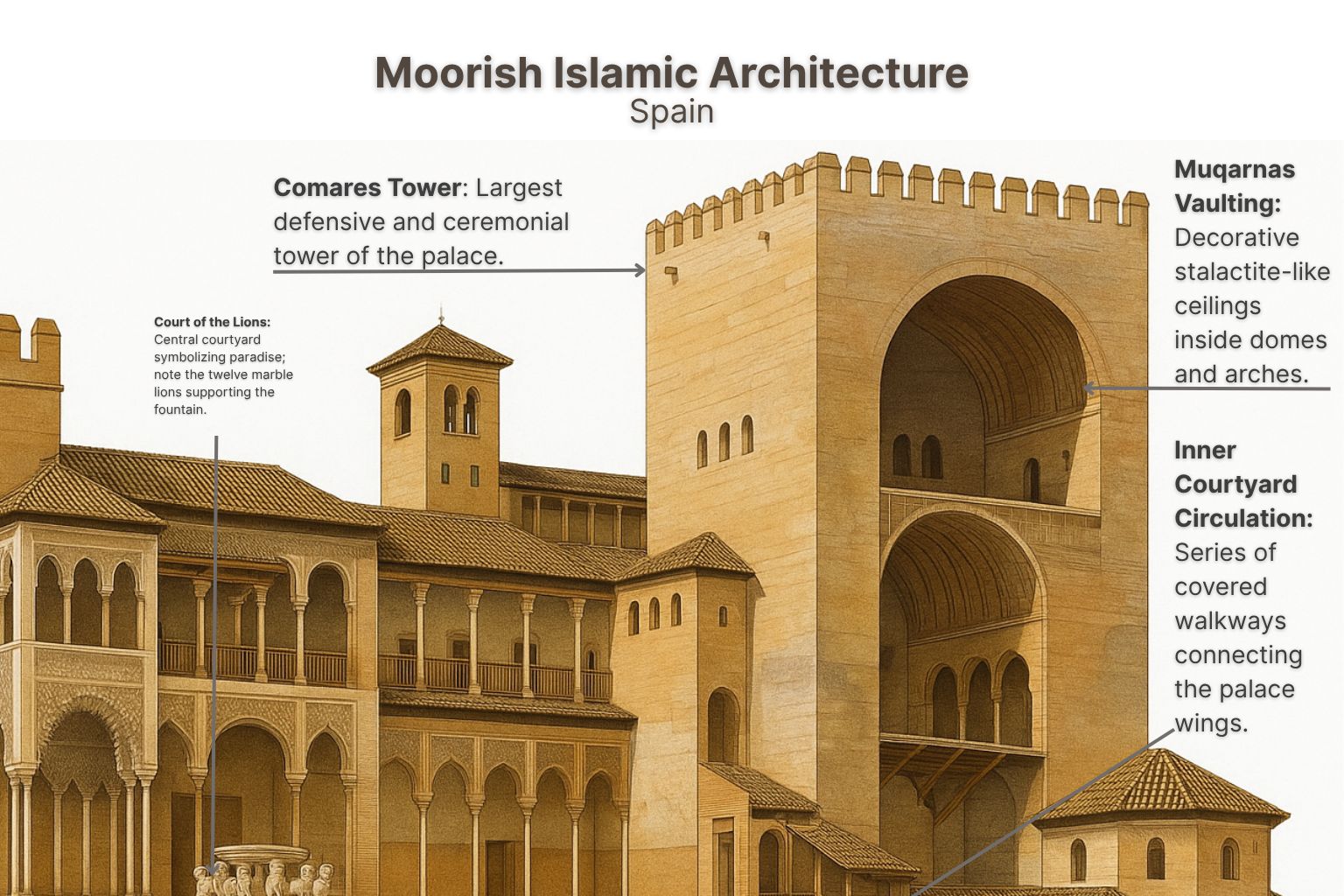 Illustrated diagram of Moorish Islamic architecture in Spain showing the Alhambra’s Comares Tower and courtyard design.