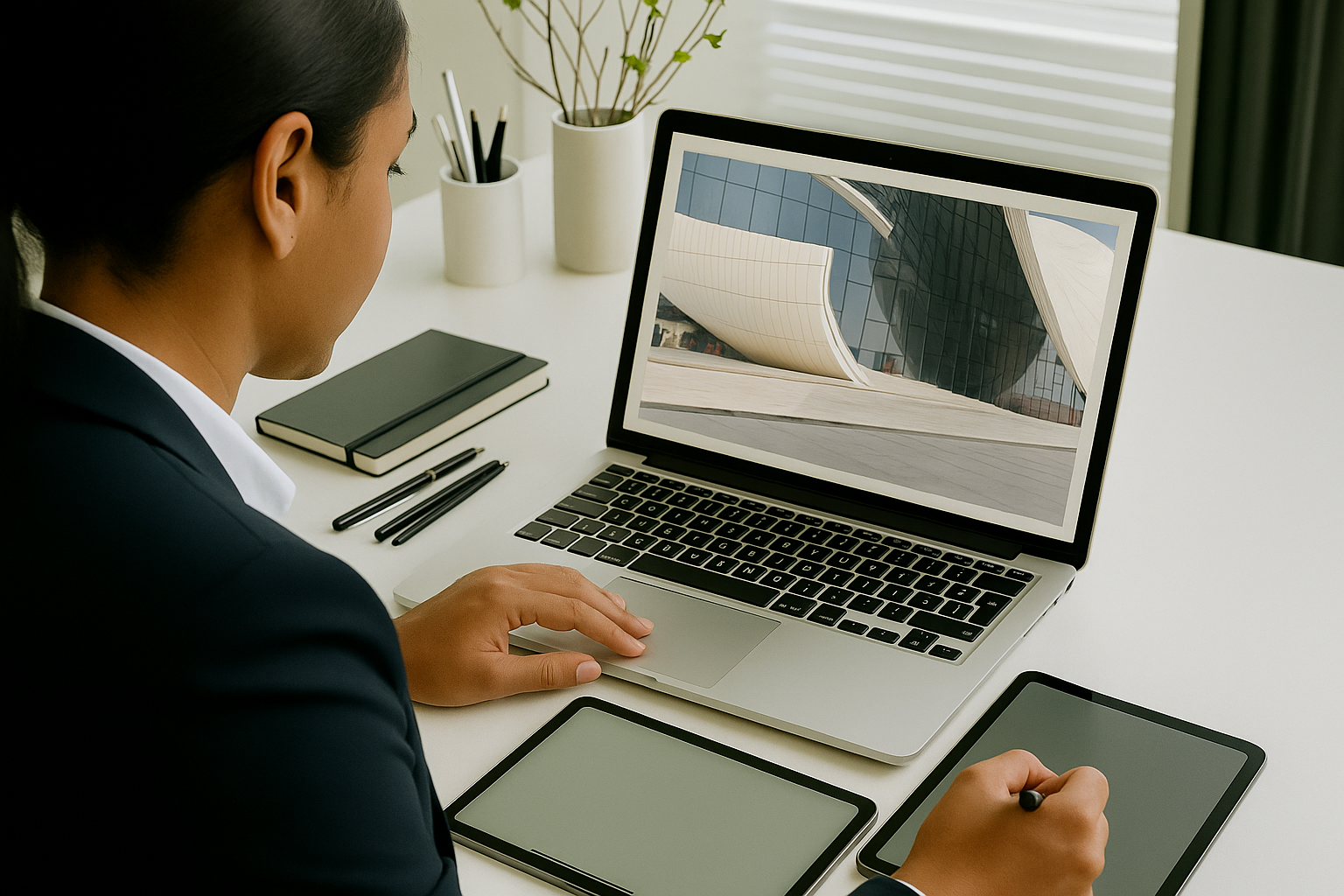 Architect working on a laptop with a parametric building model showing geometric shapes.