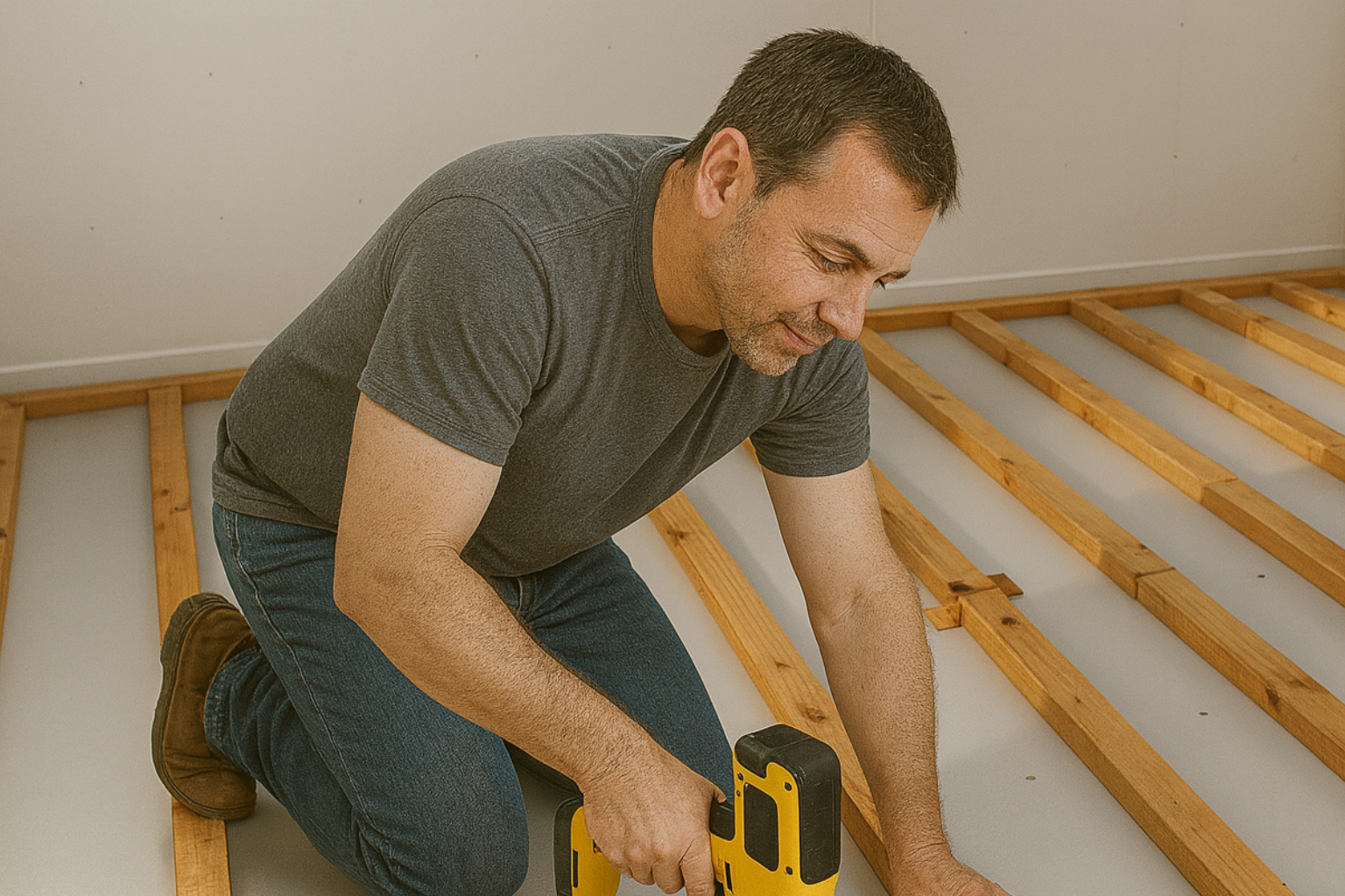 Professional scene showing a worker securing elements of a wood subfloor frame with a power tool.