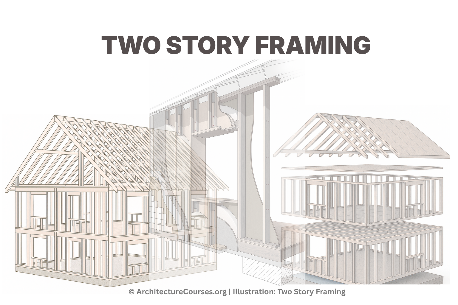Infographic showing a two-story wall framing system with proper studs, headers, load paths, floor joists, and bracing techniques that ensure structural stability.