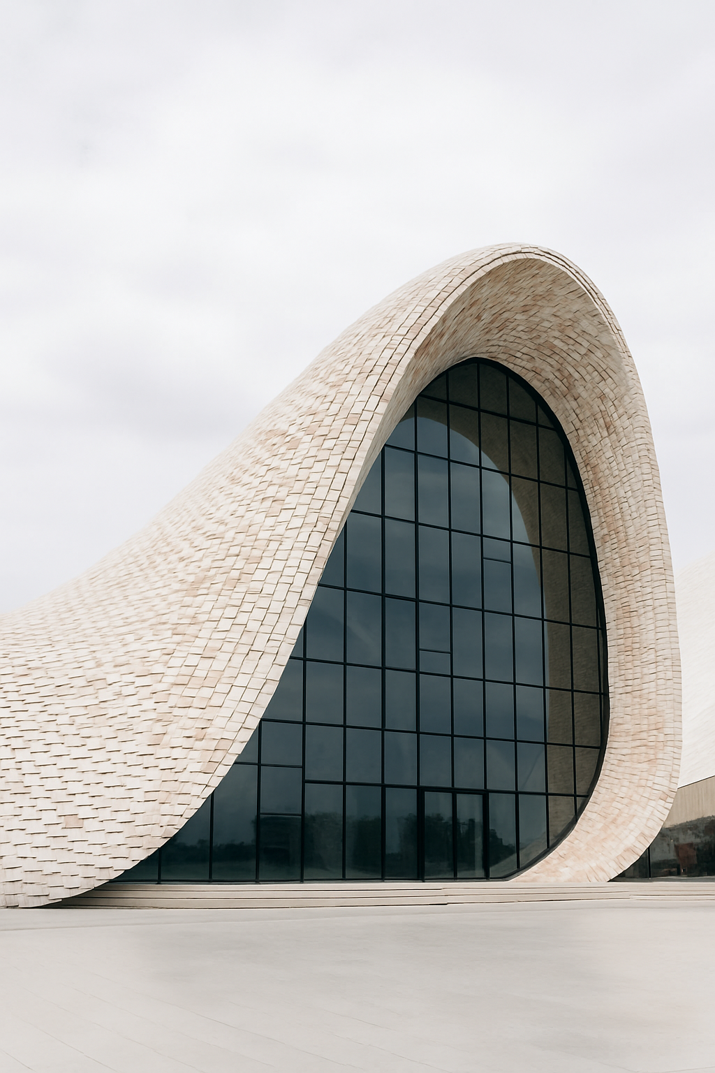 Modern parametric building with white bricks and subtle accent details on curved facade.