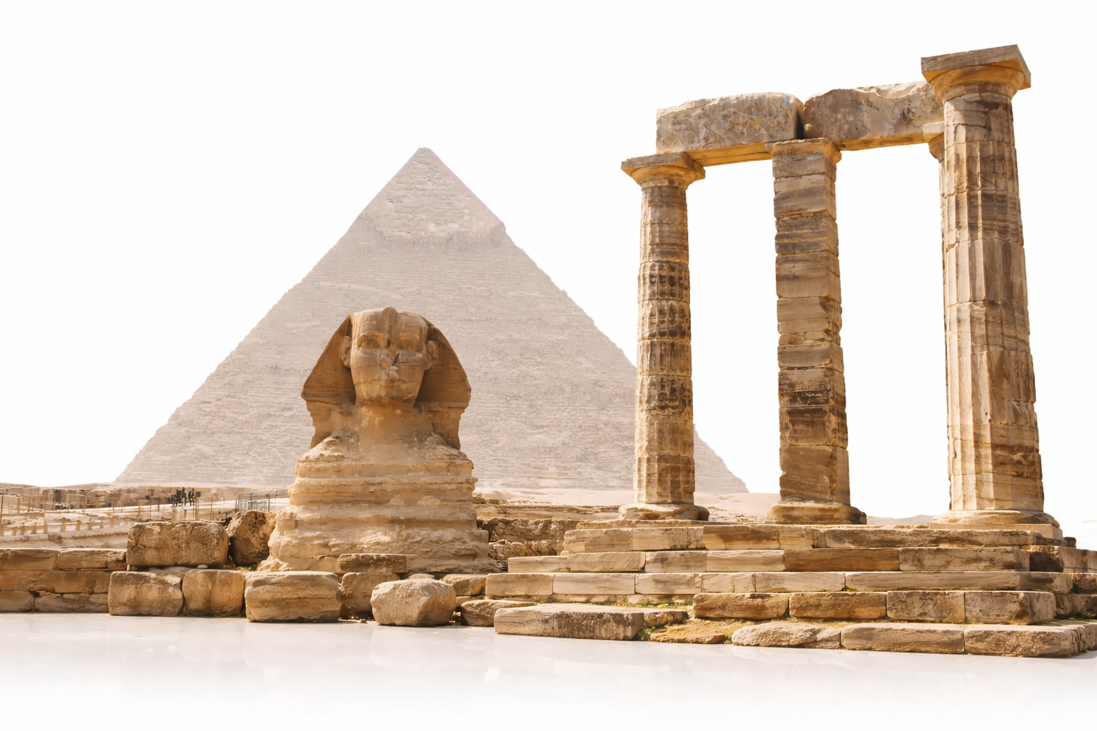 Ancient Egyptian Sphinx and Greek Doric columns.