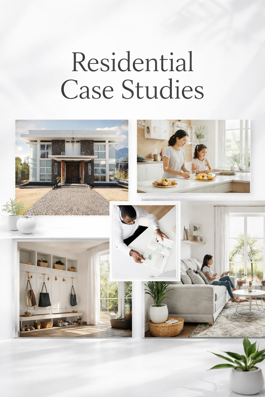 Architectural case studies shown through plans, material samples, models, and tools arranged on a clean white workspace.