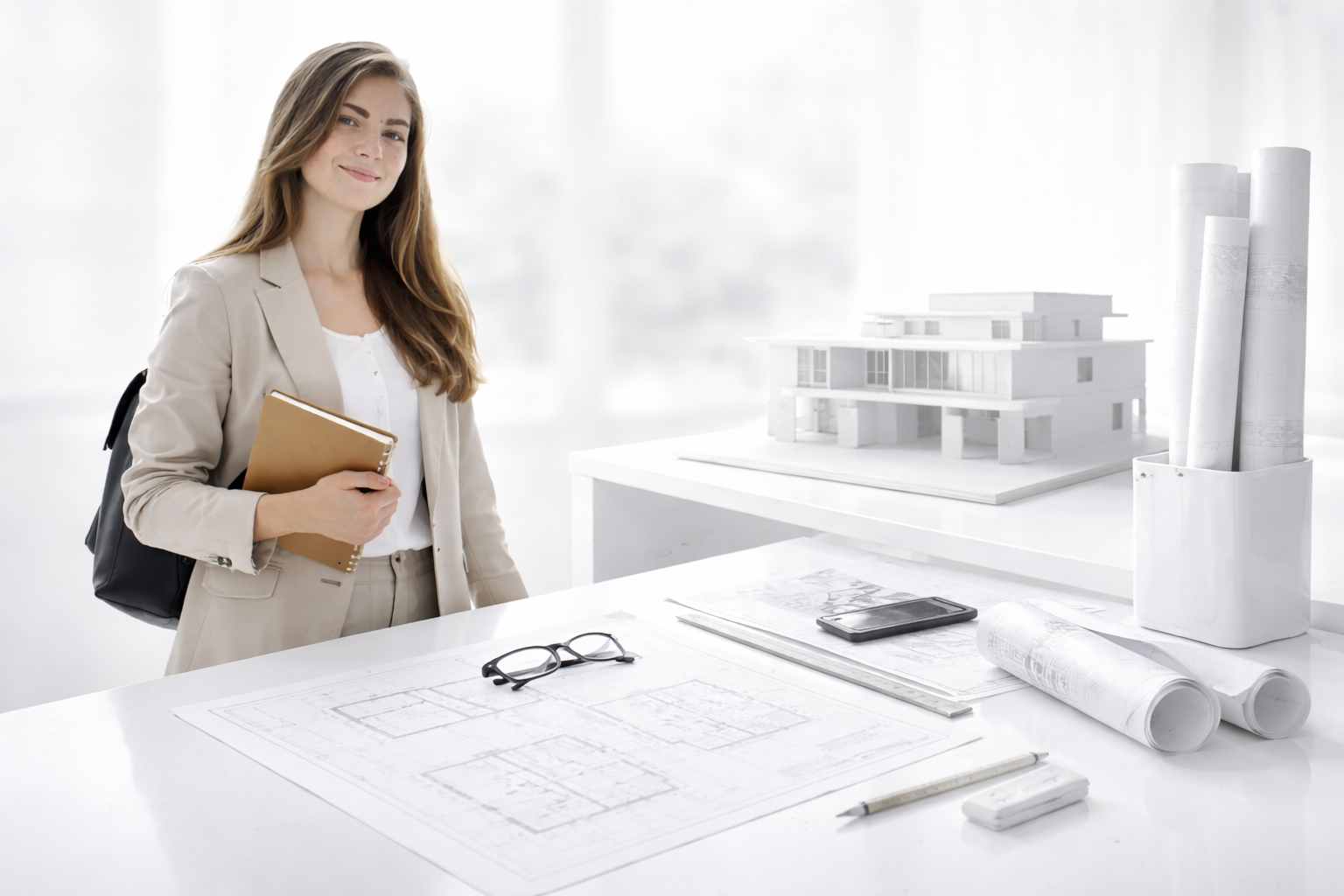 Minimal architecture studio scene showing an architecture student, drawings, and a white scale model focused on study and survival in school.