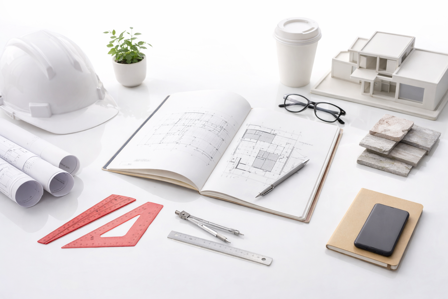 Architecture school survival essentials shown through drawings, study tools, scale model, and materials.