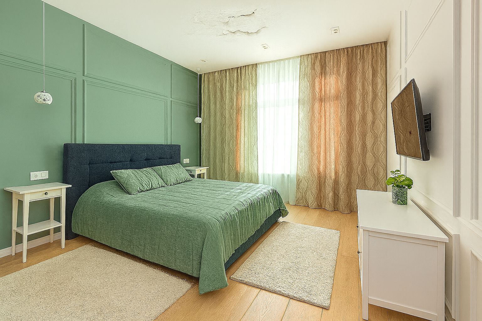 A bedroom with visible water-damaged ceiling and peeling plaster near the center of the room.