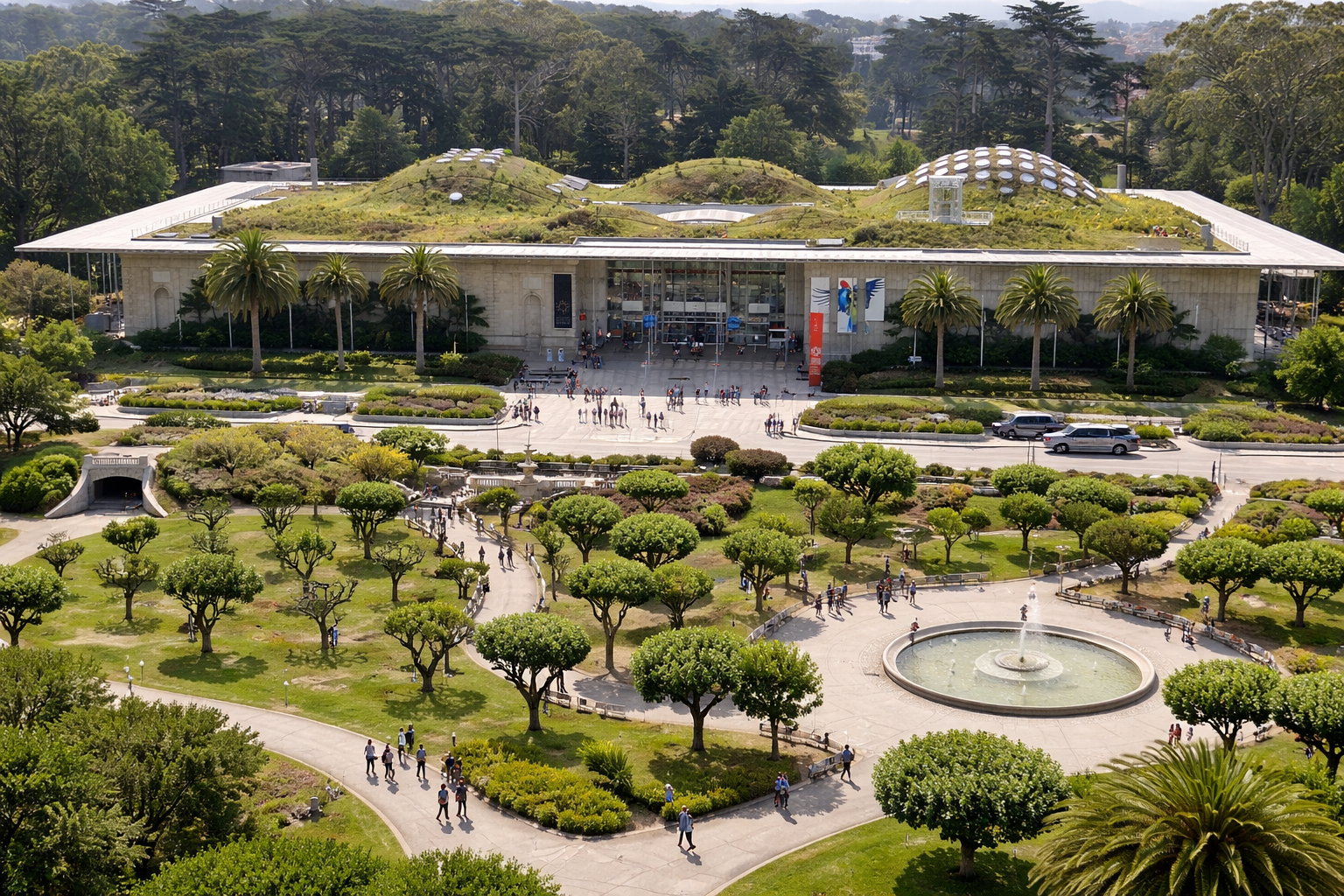 Aerial view of California Academy of Sciences showing its living roof, domes, and park integration within Golden Gate Park.