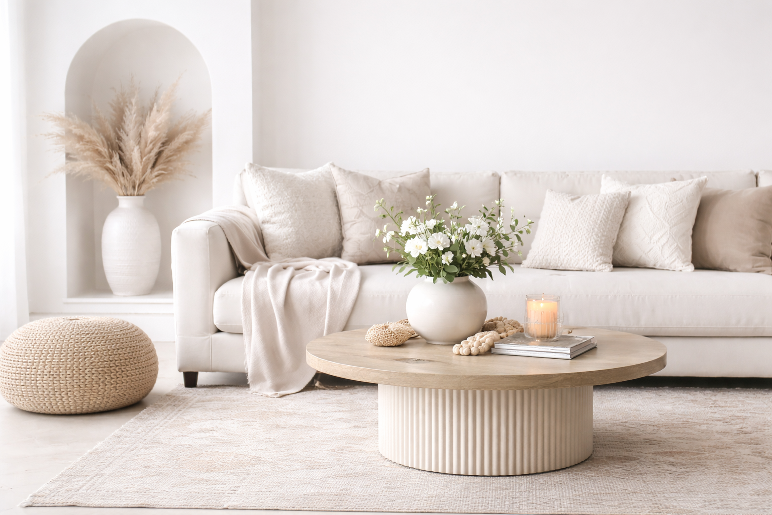 Neutral living room showing harmonious interior design through balanced furniture, soft textures, and warm natural tones.
