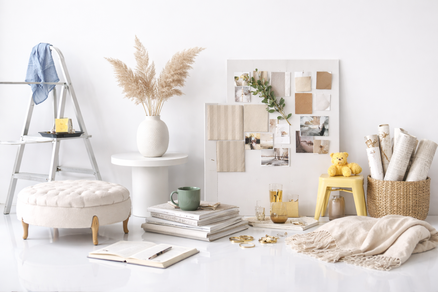 Minimalist interior design, curated objects, mood board, soft textures, and personal decorative elements.