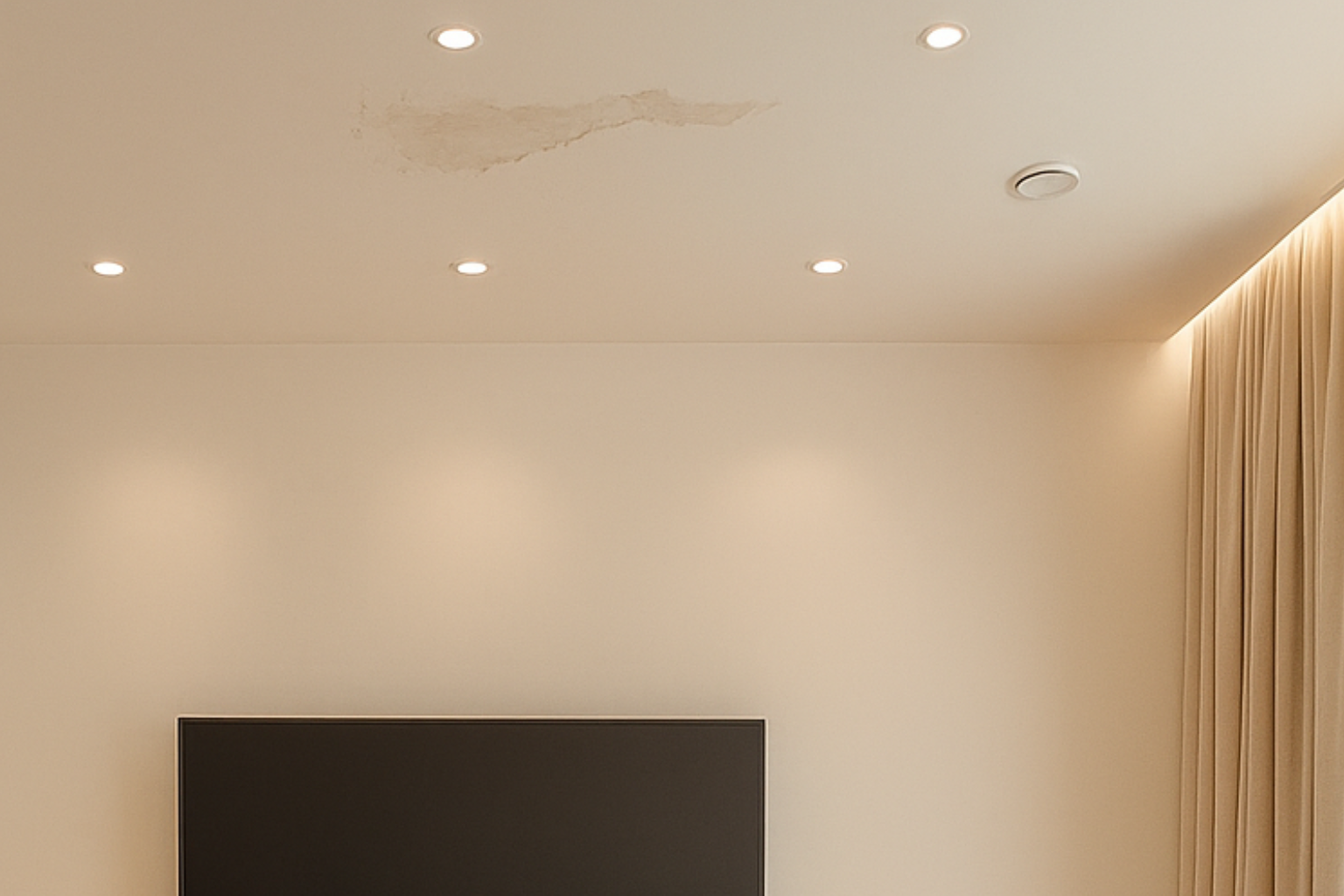 Water damage in living room near electrical outlets creating a safety hazard.