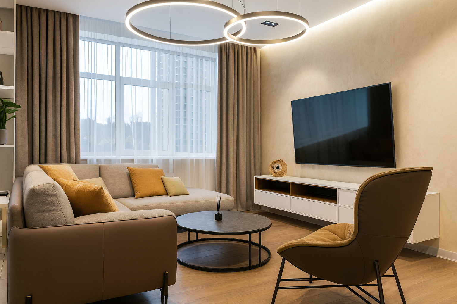 Modern living room with circular ceiling lights and neutral decor.