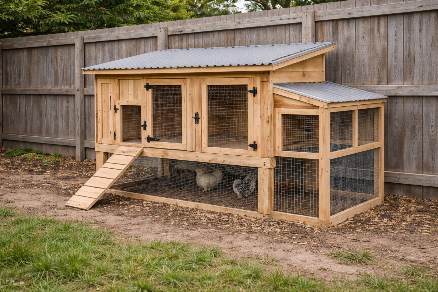 4×6 raised chicken coop on posts with ramp and a run tucked underneath for a small flock.