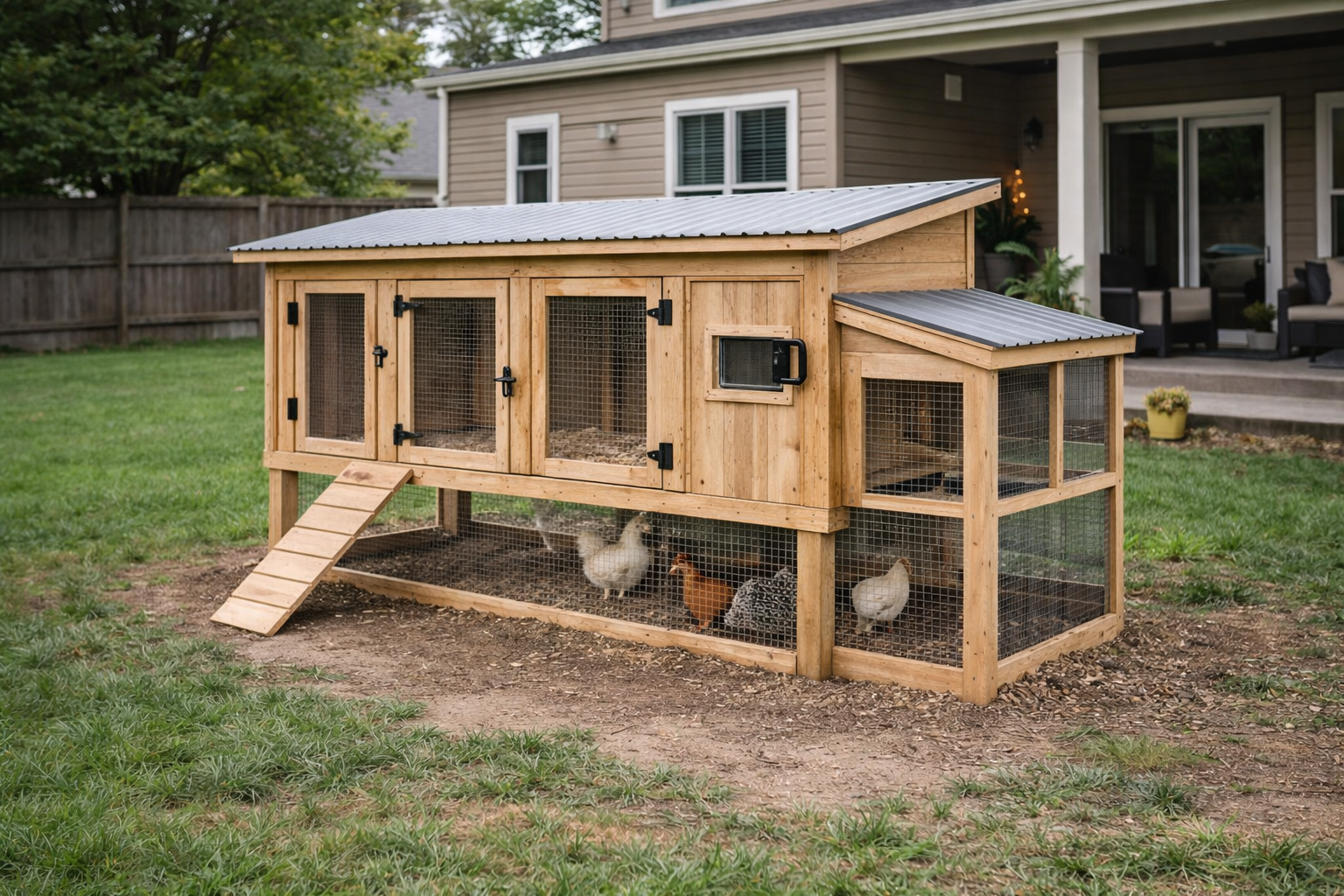 4×8 raised chicken coop on posts with wide access doors and an under-run area in a suburban yard.