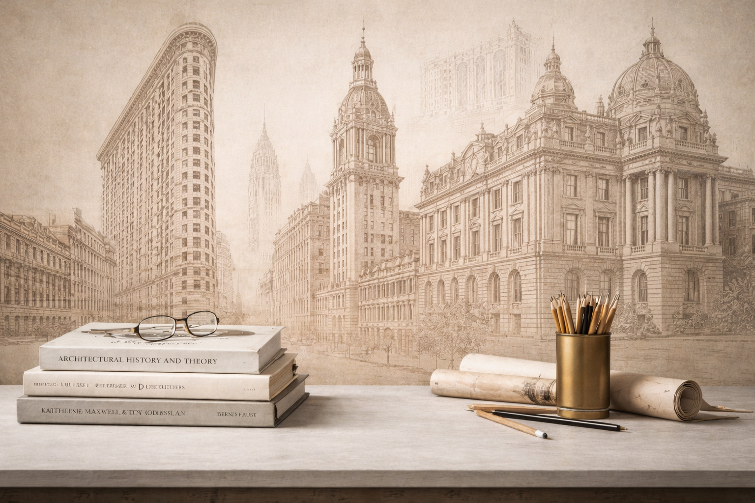 Sepia urban civic architecture drawing with books and drafting tools on desk.