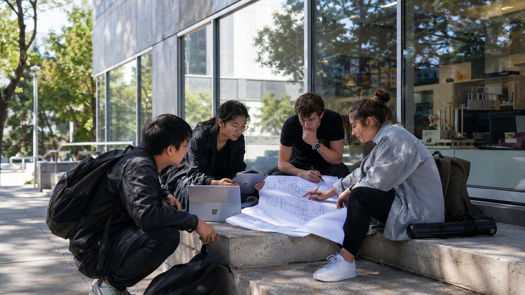 Architecture students reviewing blueprints outside a modern glass building, with students walking past.