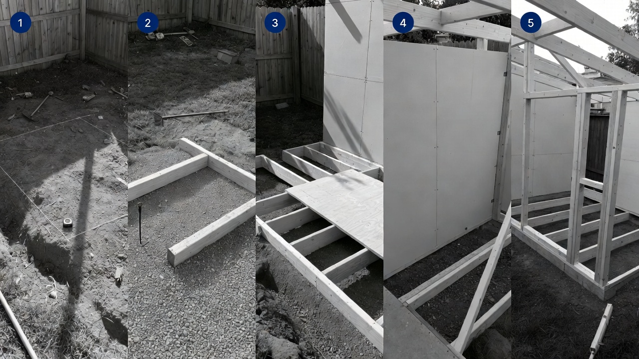 Five-panel sequence showing layout staking, base frame, floor joists, wall framing, and roof structure of a backyard chicken coop.