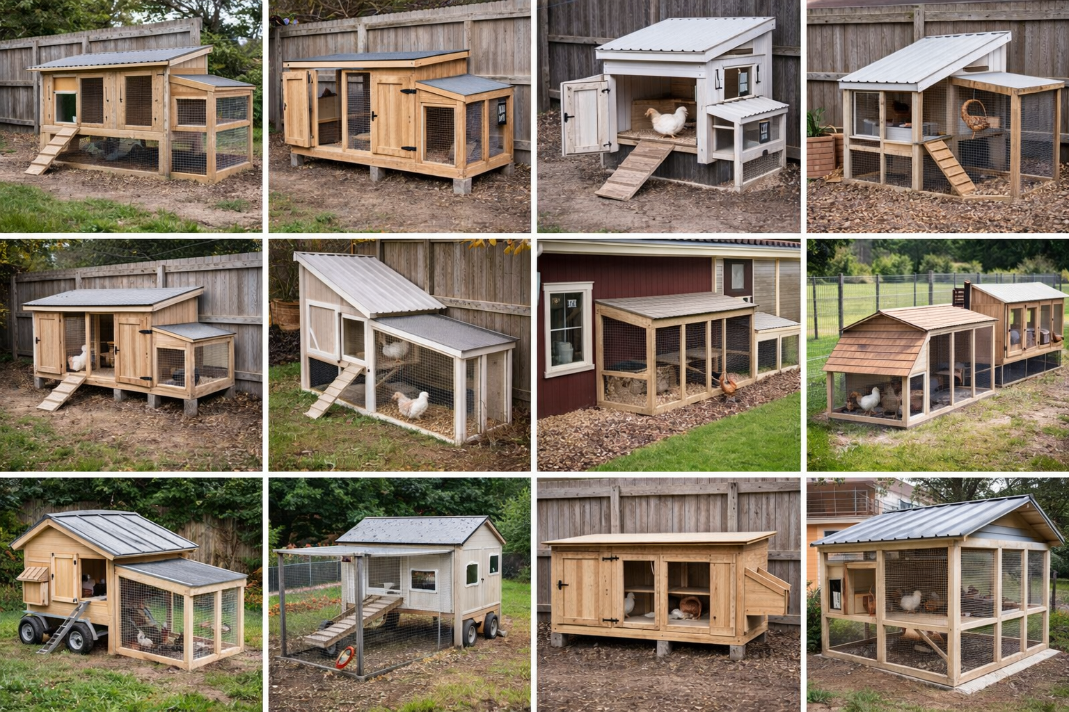 Collage of ten compact chicken coop designs, from simple raised boxes to covered runs.