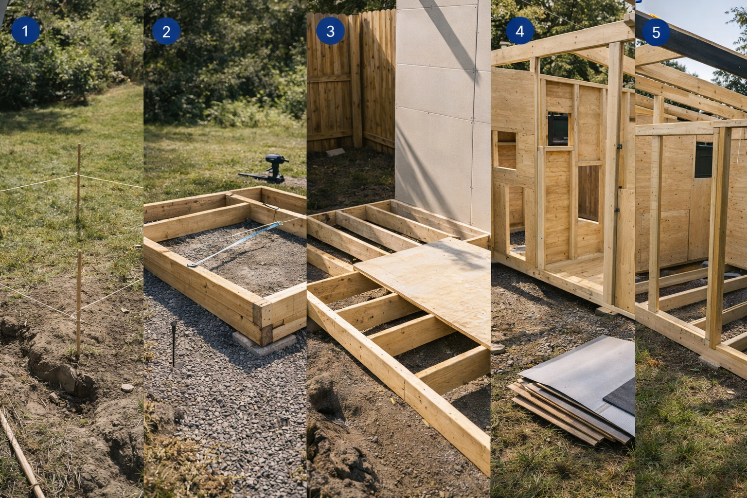 Five-step backyard chicken coop build from layout to roof.