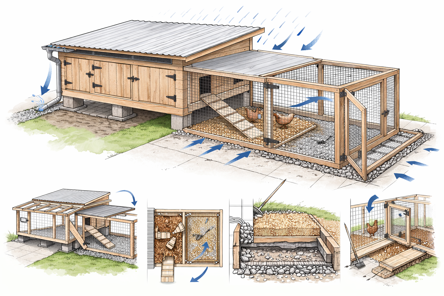 A diagram showing a small coop and run with partial roof cover, drainage away from run, and a rakeable base layer.