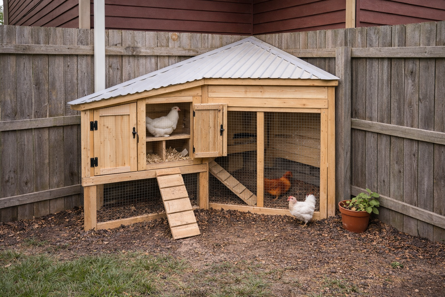 Corner wedge chicken coop tucked into a fence corner with accessible nesting, roosts, and good airflow.