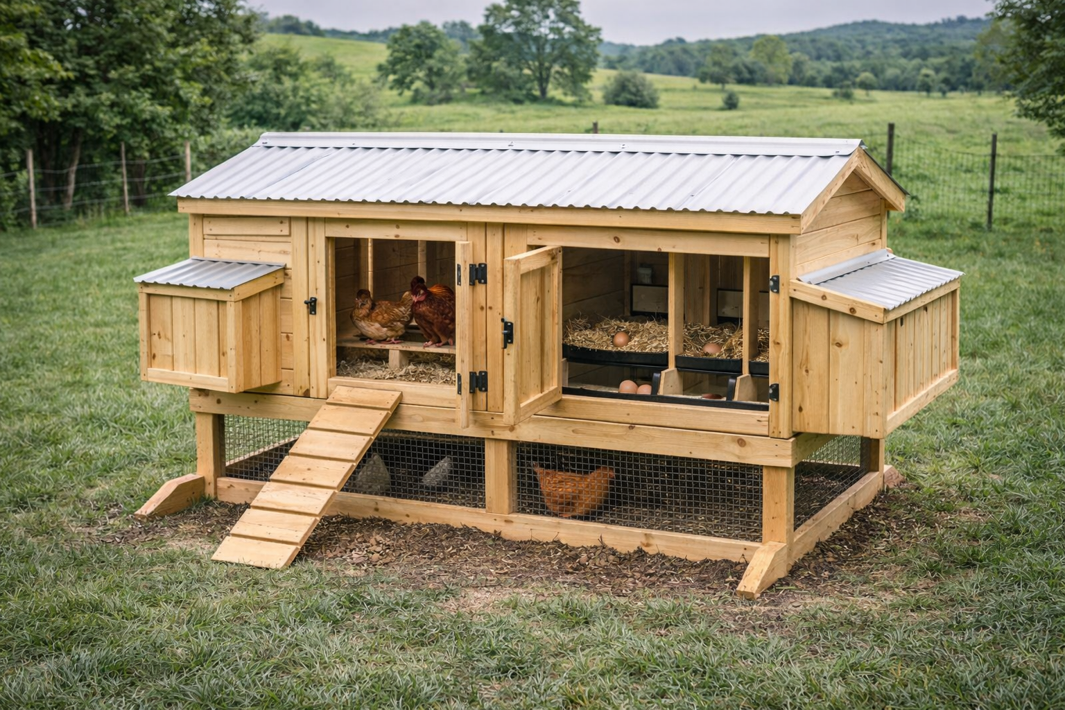 Countryside backyard coop with roost zone on one side and nest boxes on the other for cleaner eggs.