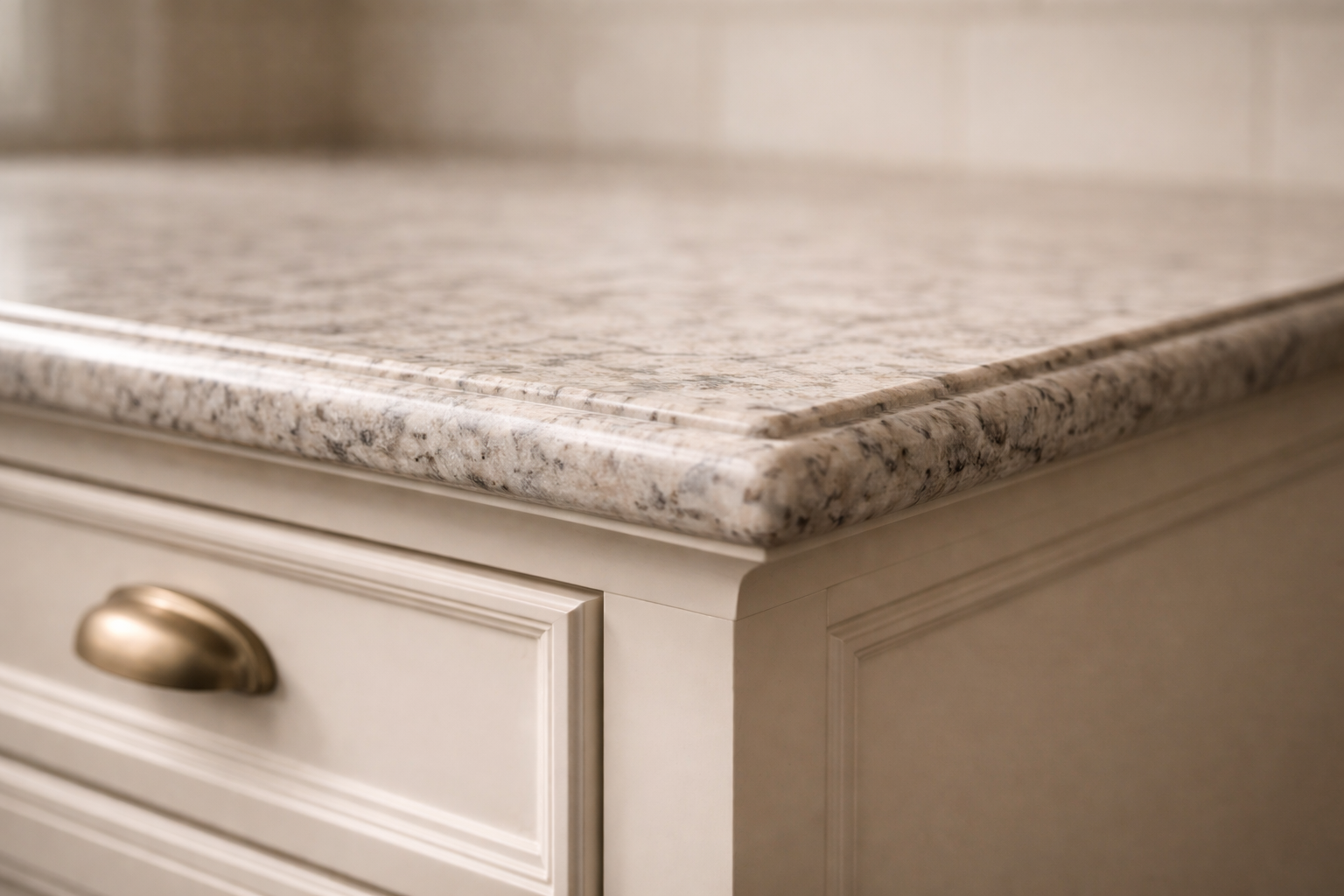 Close-up of a granite countertop corner showing a cove edge with concave undercut.